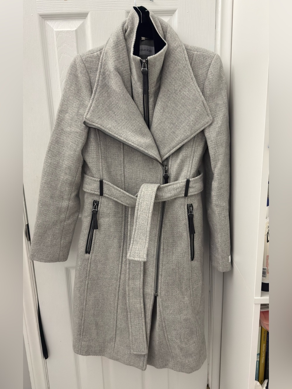 Calvin Klein Light Gray Belted Wool-Blend Trench Coat